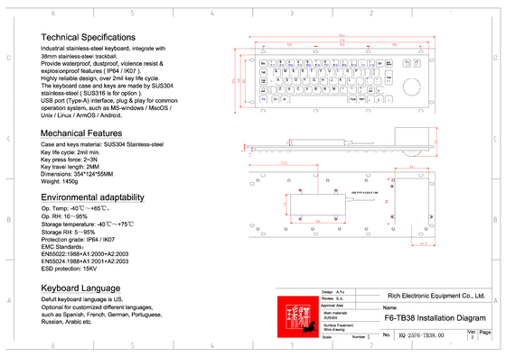 KIOSK IP65/IK07 Industri stainless steel Metal Keyboard Dengan Trackball Lebih dari 2million Key Life Cycle Panel belakang dipasang pada -40°C