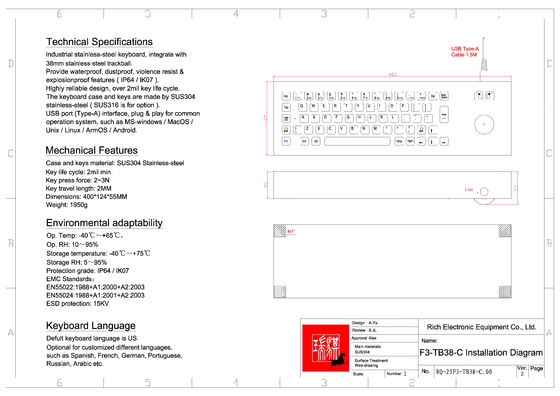 Bàn phím thép không gỉ công nghiệp với Trackball IP65