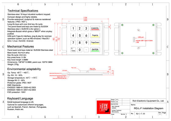Tastiera a pannello con password in ferro per gestione sicura, sigillata, grado IP65, da pannello frontale, materiale in acciaio inossidabile