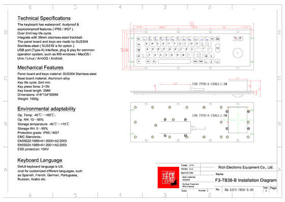 Vandal Proof Kiosk Keyboard dengan Trackball di luar ruangan menggunakan IP65 IK07