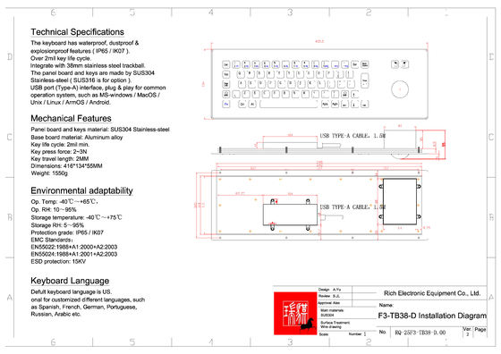 Vandal Proof Kiosk Keyboard dengan Trackball di luar ruangan menggunakan IP65 IK07