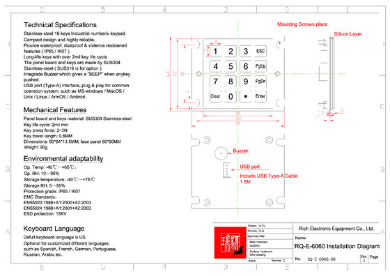 IP65 panel mounted stainless steel 16 keys metal keypad 60*60 with USB PS2 RS232 4*4 scanline language customizable