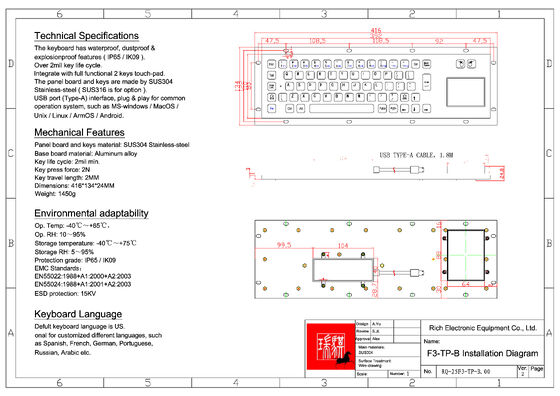 IP65 Waterproof IK09 Impact Resistant Kiosk Selfservice Keyboard with Integrated Touchpad for Industrial Stainless Steel Keyboard Applications